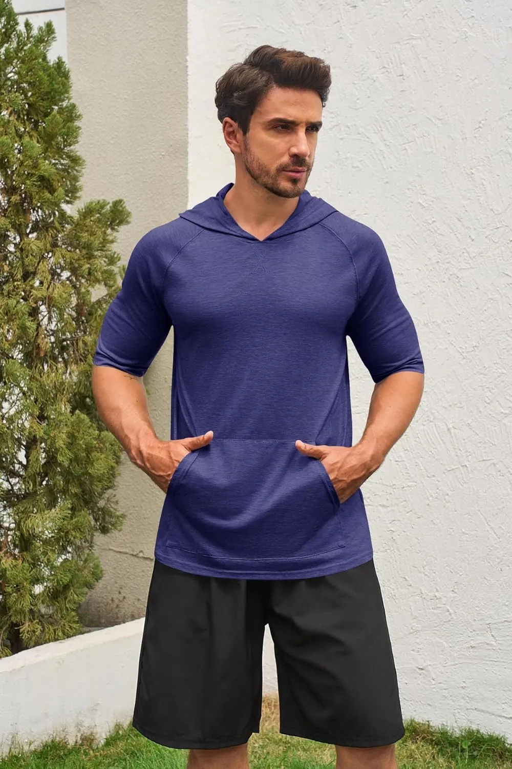 Men's Thin Hooded T Shirt Sweatshirts Short Sleeve Cool Solid Color Pullover Hoodies with Kangaroo Pockets