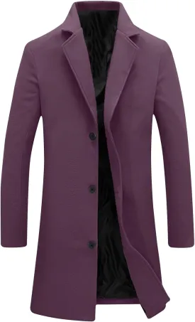 Mens Trench Coat Notched Lapel Collar Single Trench Coat Winter Wool Blend Slim Fit Peacoat Plus Size Overcoat