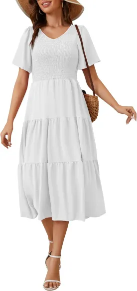 MIDNIGHTSUN Women's Smocked Midi Dress V Neck Flutter Short Sleeve Summer Tiered Dress
