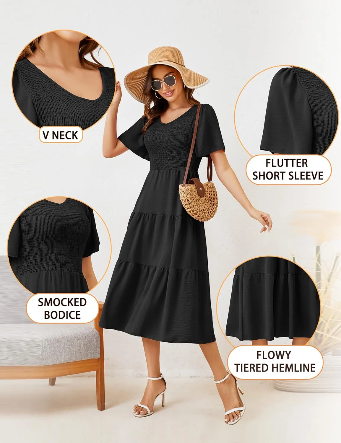 MIDNIGHTSUN Women's Smocked Midi Dress V Neck Flutter Short Sleeve Summer Tiered Dress
