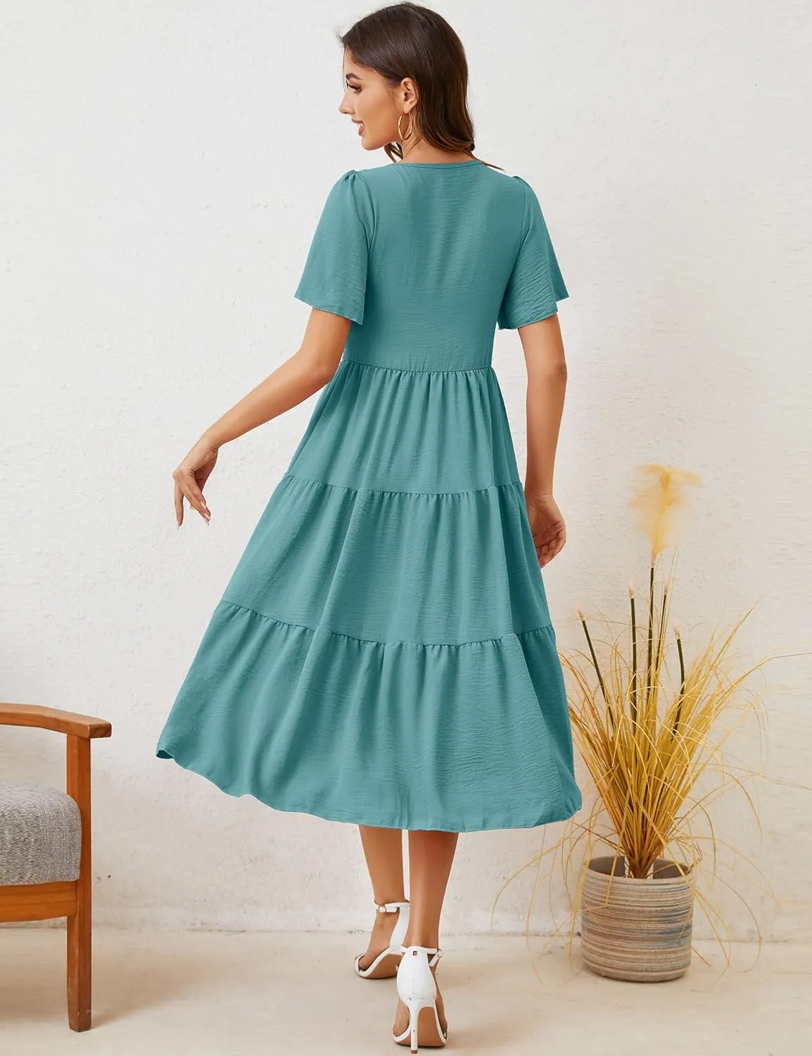 MIDNIGHTSUN Women's Smocked Midi Dress V Neck Flutter Short Sleeve Summer Tiered Dress