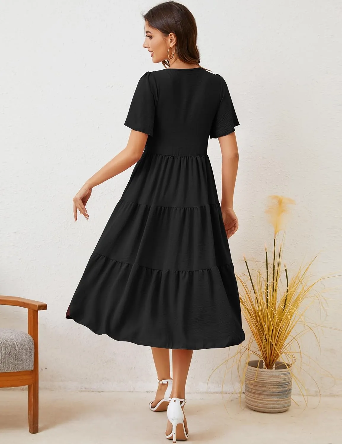 MIDNIGHTSUN Women's Smocked Midi Dress V Neck Flutter Short Sleeve Summer Tiered Dress