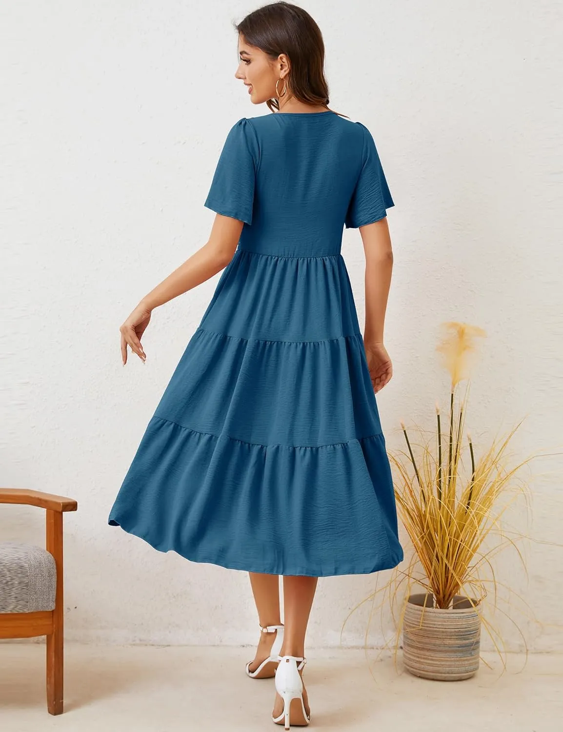 MIDNIGHTSUN Women's Smocked Midi Dress V Neck Flutter Short Sleeve Summer Tiered Dress