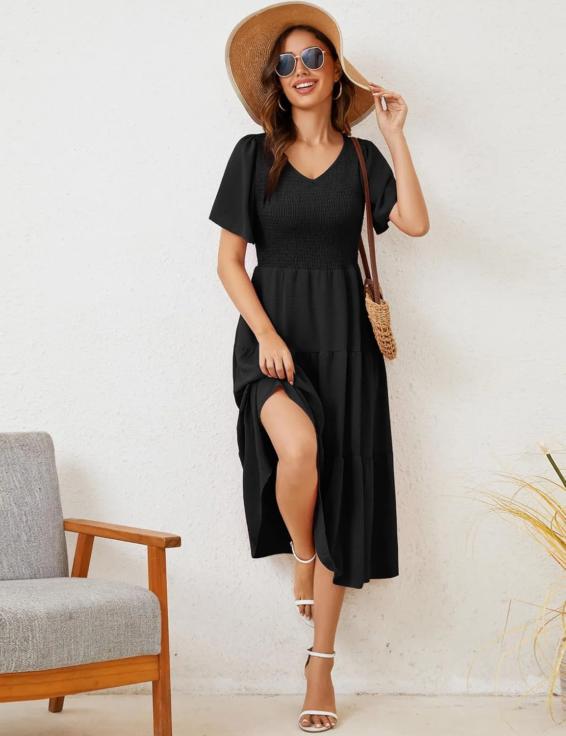 MIDNIGHTSUN Women's Smocked Midi Dress V Neck Flutter Short Sleeve Summer Tiered Dress
