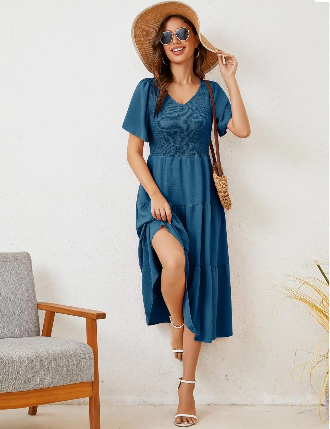 MIDNIGHTSUN Women's Smocked Midi Dress V Neck Flutter Short Sleeve Summer Tiered Dress