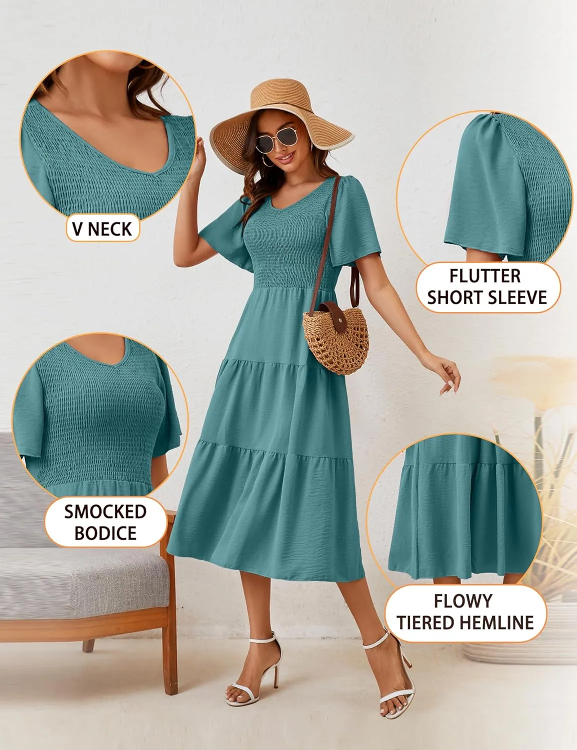 MIDNIGHTSUN Women's Smocked Midi Dress V Neck Flutter Short Sleeve Summer Tiered Dress