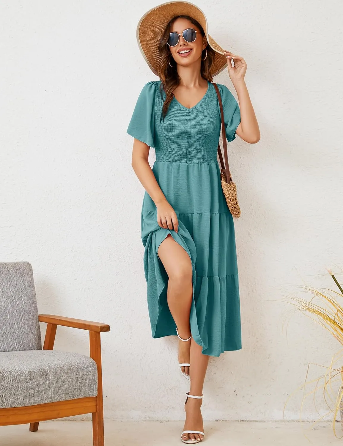 MIDNIGHTSUN Women's Smocked Midi Dress V Neck Flutter Short Sleeve Summer Tiered Dress