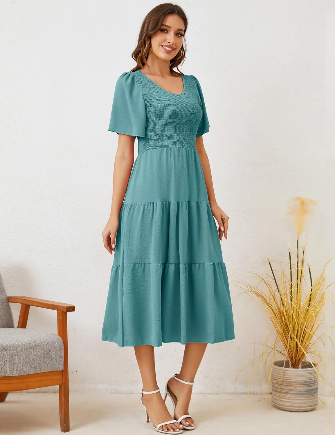 MIDNIGHTSUN Women's Smocked Midi Dress V Neck Flutter Short Sleeve Summer Tiered Dress