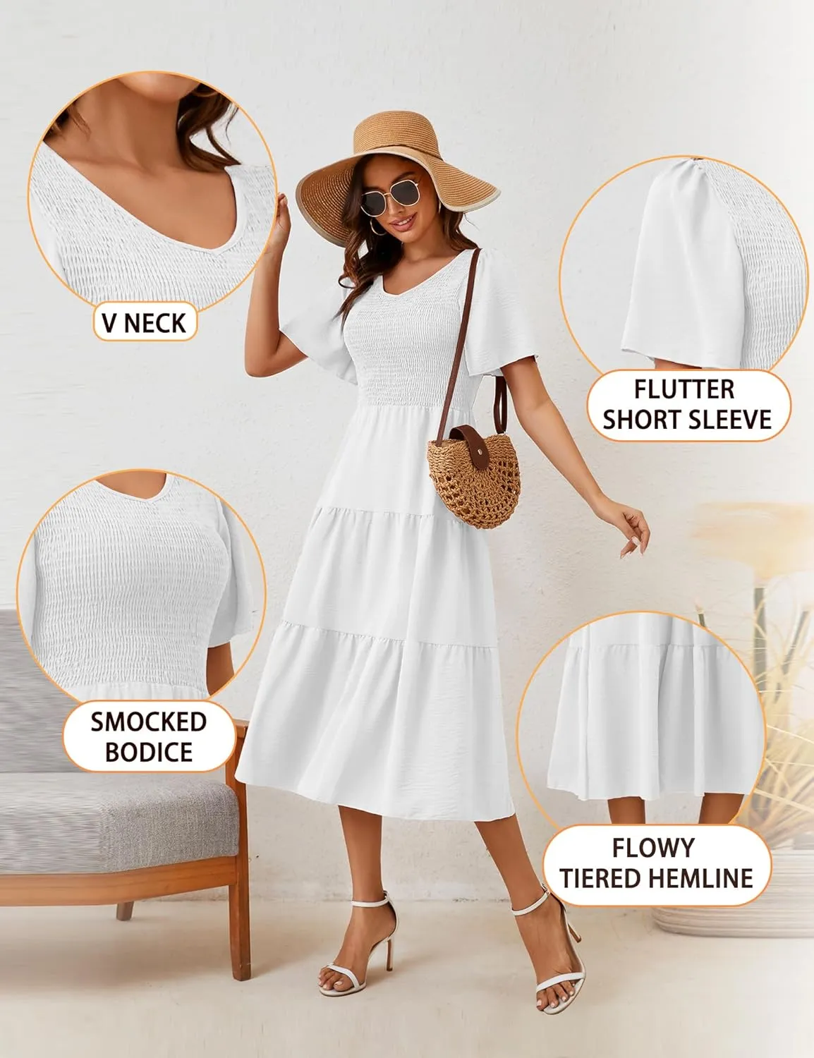 MIDNIGHTSUN Women's Smocked Midi Dress V Neck Flutter Short Sleeve Summer Tiered Dress