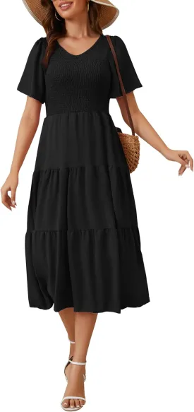 MIDNIGHTSUN Women's Smocked Midi Dress V Neck Flutter Short Sleeve Summer Tiered Dress