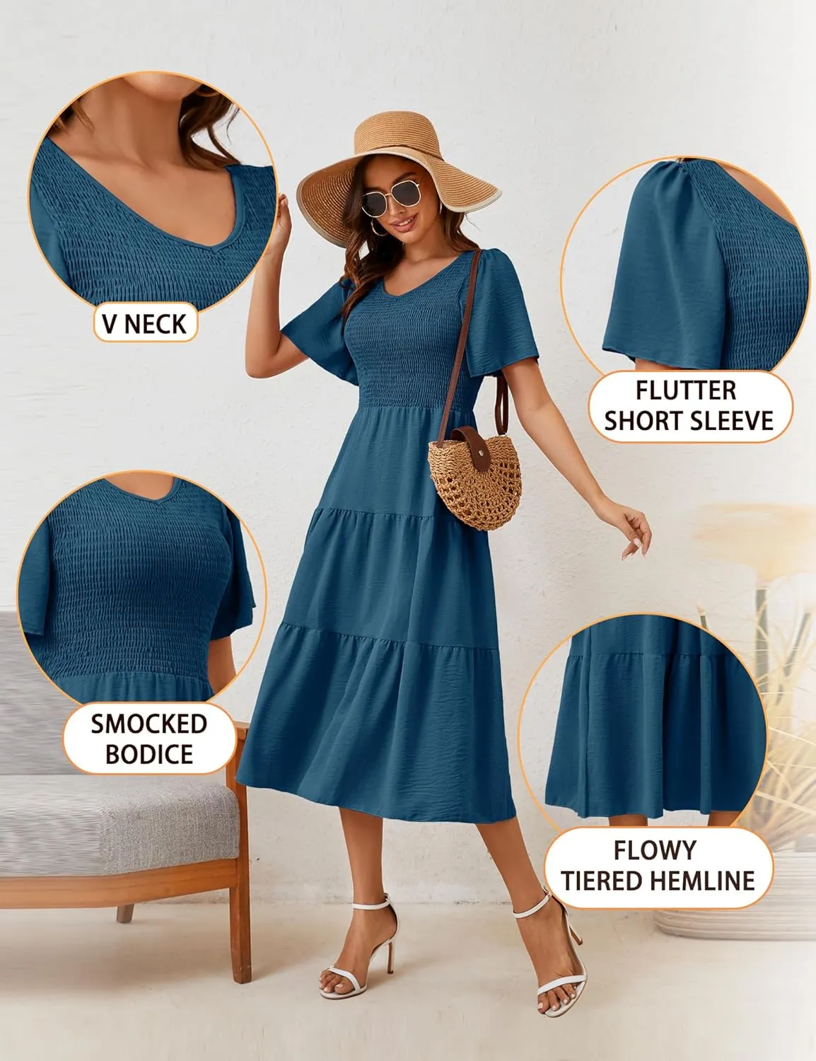 MIDNIGHTSUN Women's Smocked Midi Dress V Neck Flutter Short Sleeve Summer Tiered Dress
