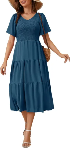 MIDNIGHTSUN Women's Smocked Midi Dress V Neck Flutter Short Sleeve Summer Tiered Dress