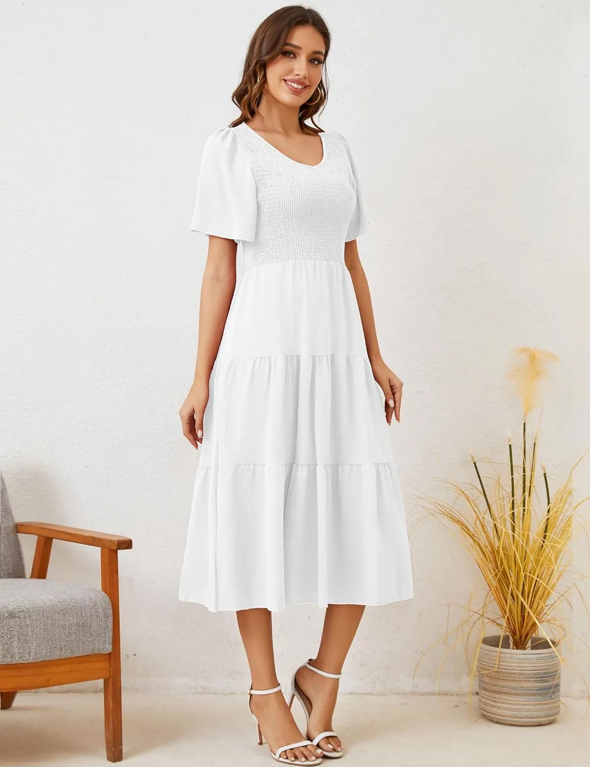 MIDNIGHTSUN Women's Smocked Midi Dress V Neck Flutter Short Sleeve Summer Tiered Dress