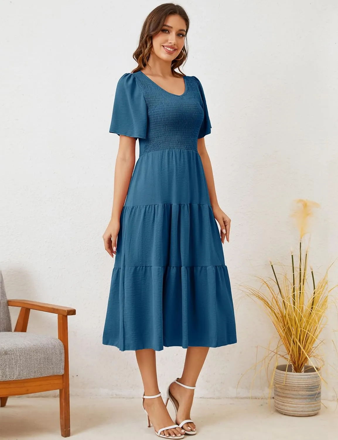 MIDNIGHTSUN Women's Smocked Midi Dress V Neck Flutter Short Sleeve Summer Tiered Dress