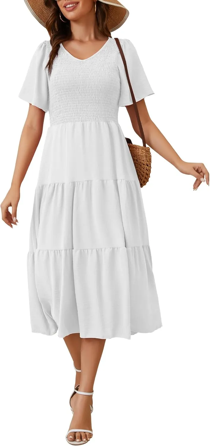 MIDNIGHTSUN Women's Smocked Midi Dress V Neck Flutter Short Sleeve Summer Tiered Dress