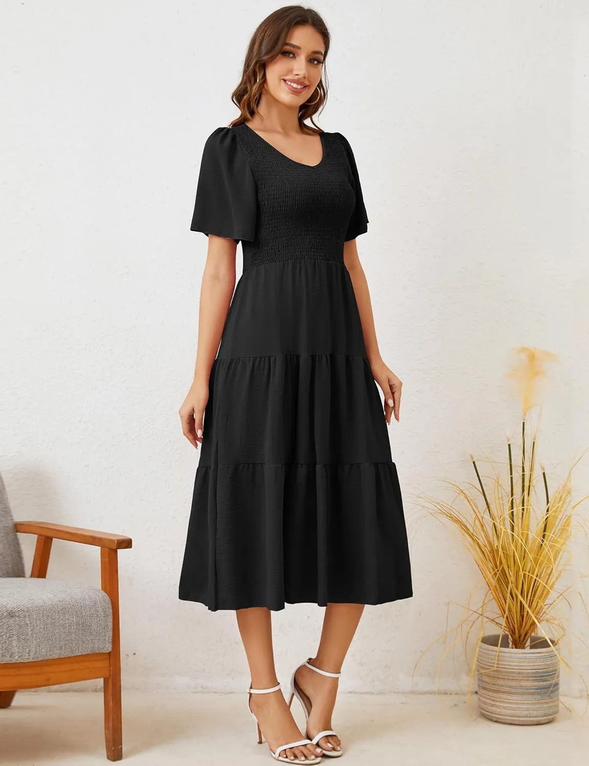 MIDNIGHTSUN Women's Smocked Midi Dress V Neck Flutter Short Sleeve Summer Tiered Dress