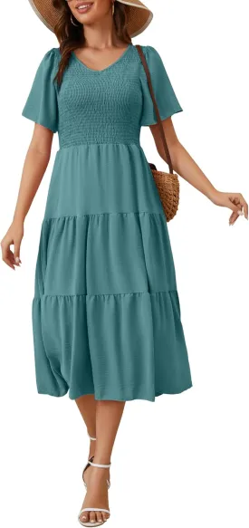 MIDNIGHTSUN Women's Smocked Midi Dress V Neck Flutter Short Sleeve Summer Tiered Dress