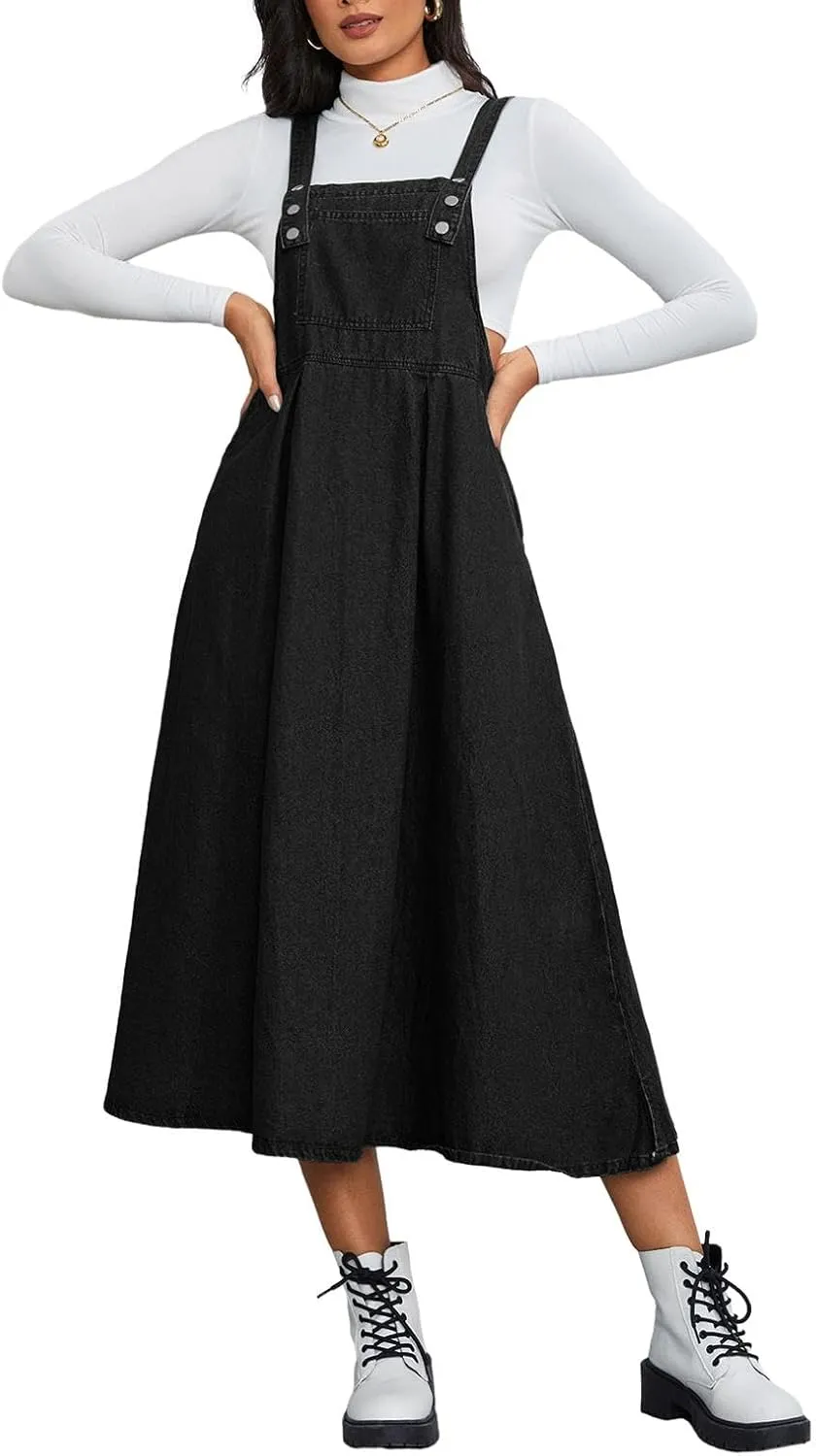 Milumia Women's Casual Denim Overall Dress Sleeveless Flowy Baggy Long Jean Jumper Dresses