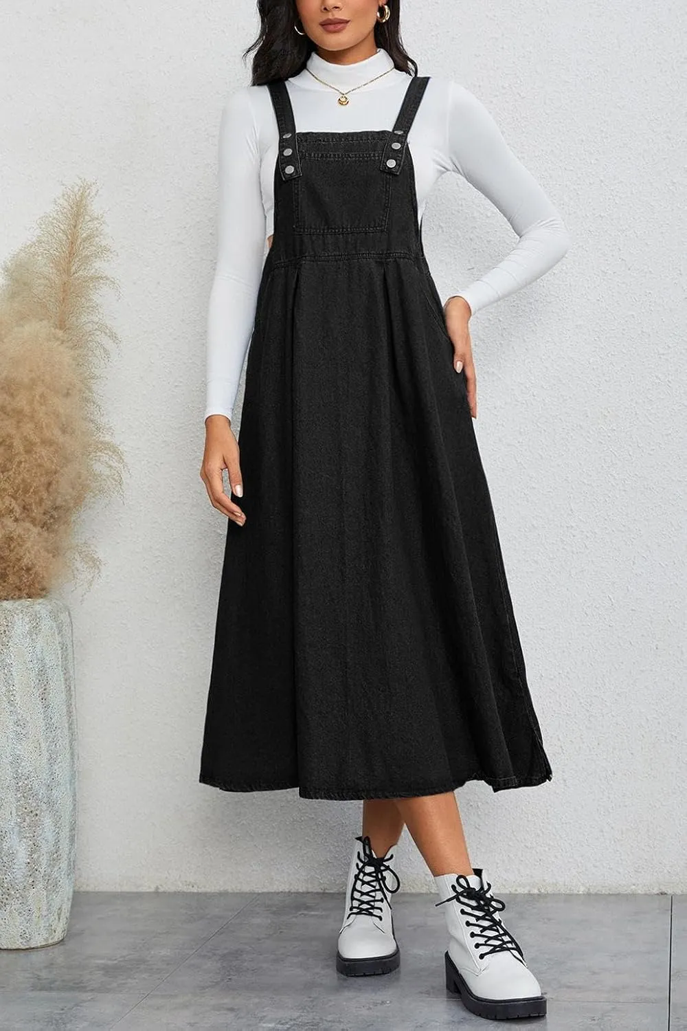 Milumia Women's Casual Denim Overall Dress Sleeveless Flowy Baggy Long Jean Jumper Dresses