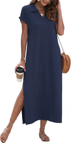 MISFAY Womens Summer Maxi Dresses 2025 Casual Short Sleeves V Neck Long Shirt Dress Loose Split Vacation Collared Sundresses