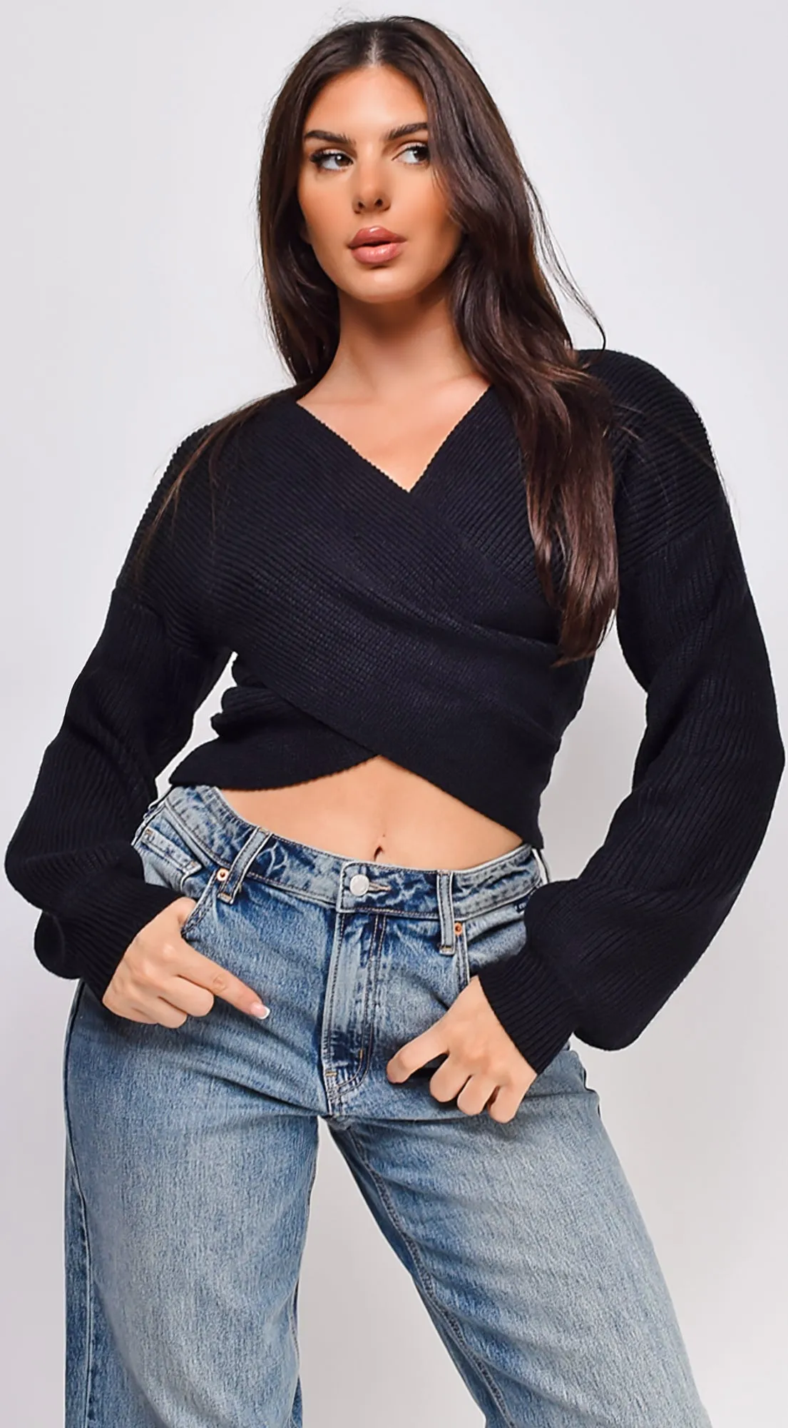 Natasha Cross Over Sweater Top - Black