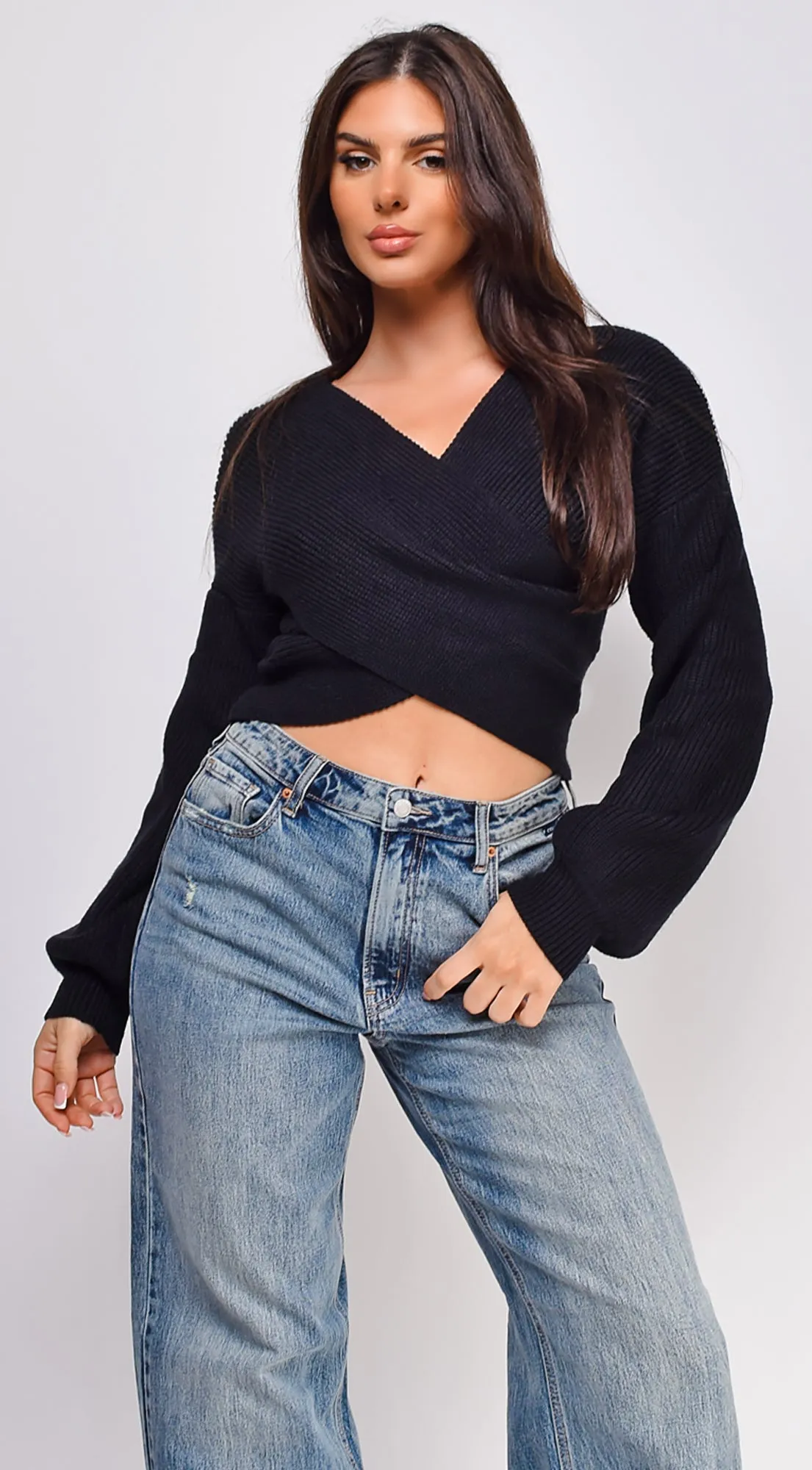Natasha Cross Over Sweater Top - Black