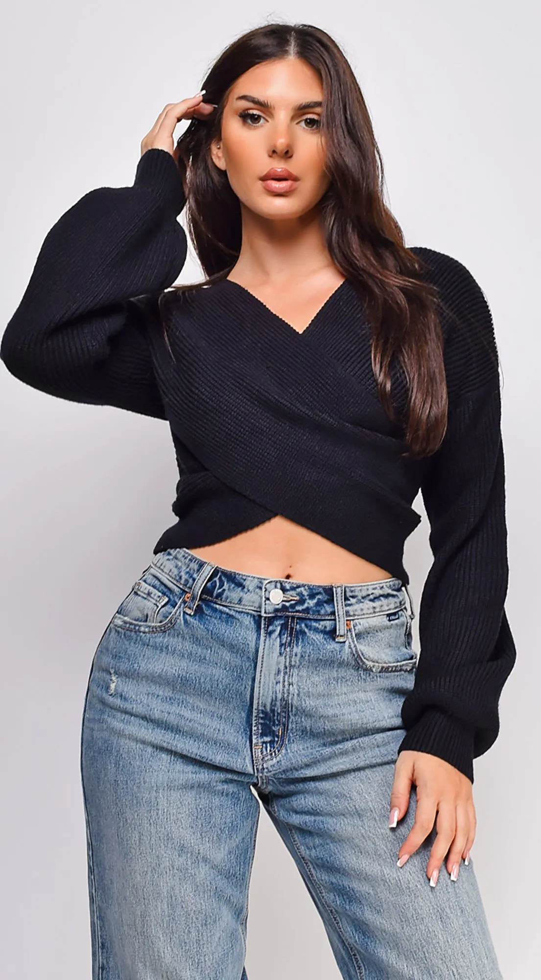 Natasha Cross Over Sweater Top - Black