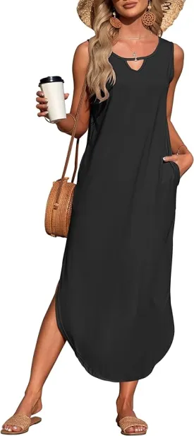New MISFAY Women's Summer Maxi Dress Sleeveless Casual Loose Long Beach Split Dresses with Pockets Ultra soft, Black, sz M