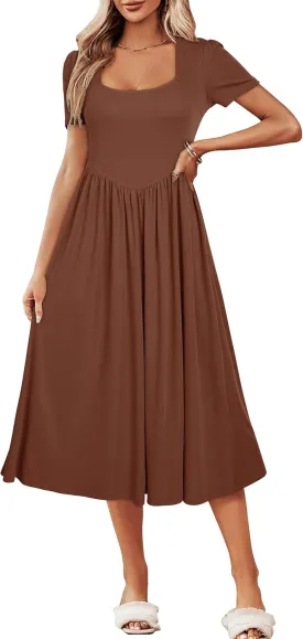 Newshows Women's Summer Square Neck Ribbed Knit Short/Long Sleeve A Line Flowy Midi Dress with Pockets