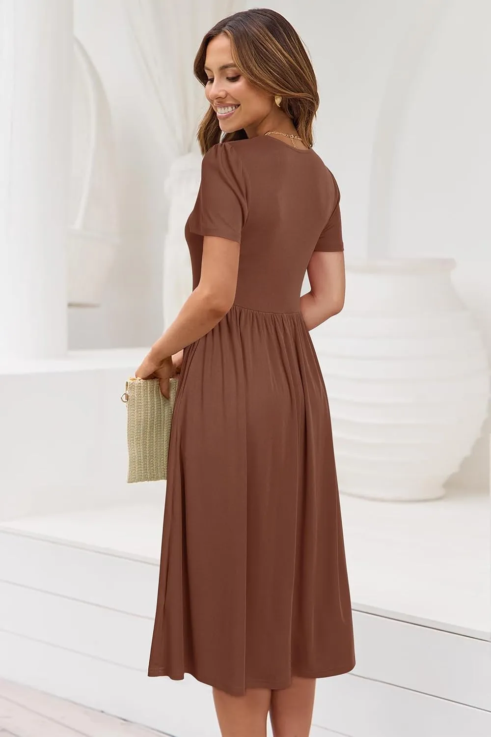 Newshows Women's Summer Square Neck Ribbed Knit Short/Long Sleeve A Line Flowy Midi Dress with Pockets