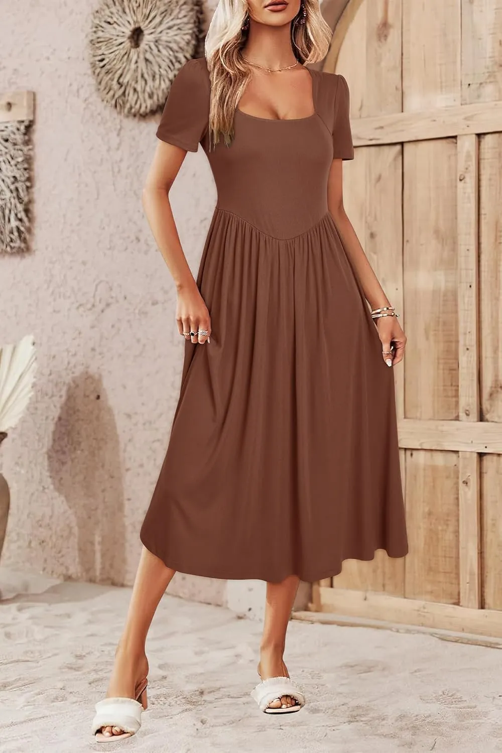 Newshows Women's Summer Square Neck Ribbed Knit Short/Long Sleeve A Line Flowy Midi Dress with Pockets
