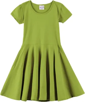 Noomelfish Girls Short Puff Sleeve Dress Summer Casual Knit Swing Twirl Skater Dresses with Pockets (2-12 Years)