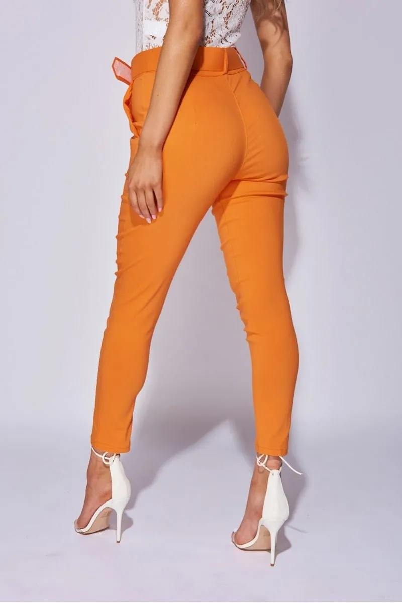 Orange Wide Buckle Belt Pintuck Tapered Trousers