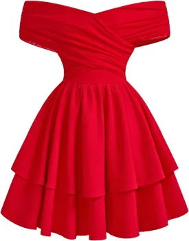 OYOANGLE Girl's Textured Off Shoulder Short Sleeve Dress Party Layered Ruffle Hem A Line Dresses