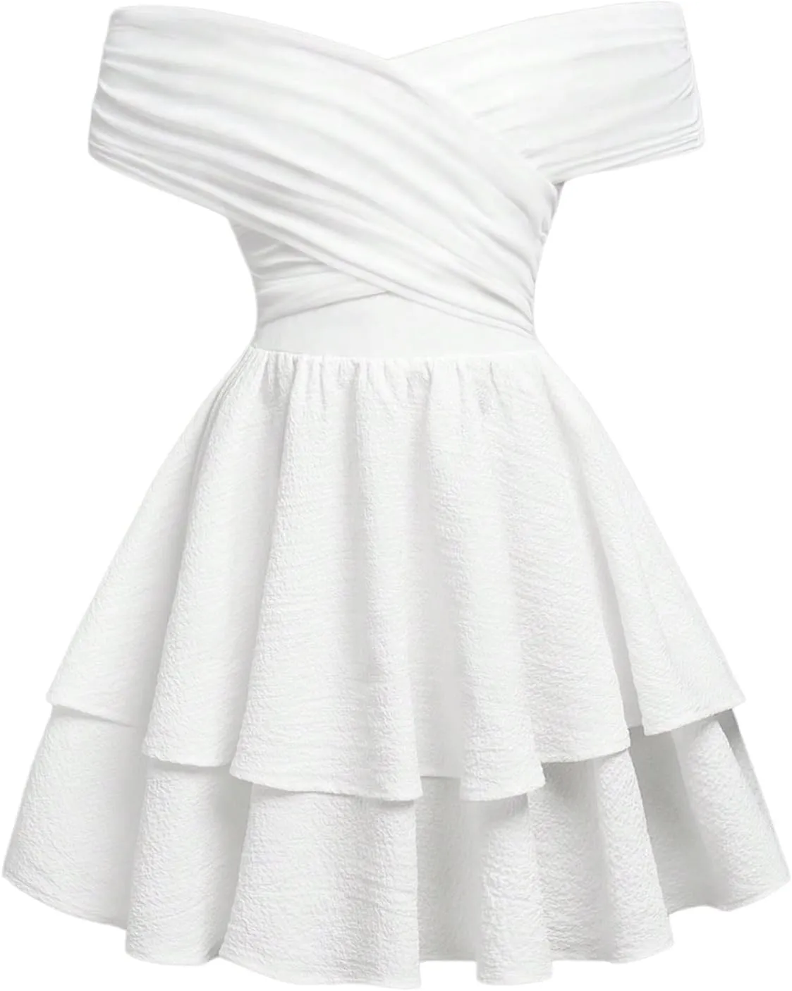 OYOANGLE Girl's Textured Off Shoulder Short Sleeve Dress Party Layered Ruffle Hem A Line Dresses