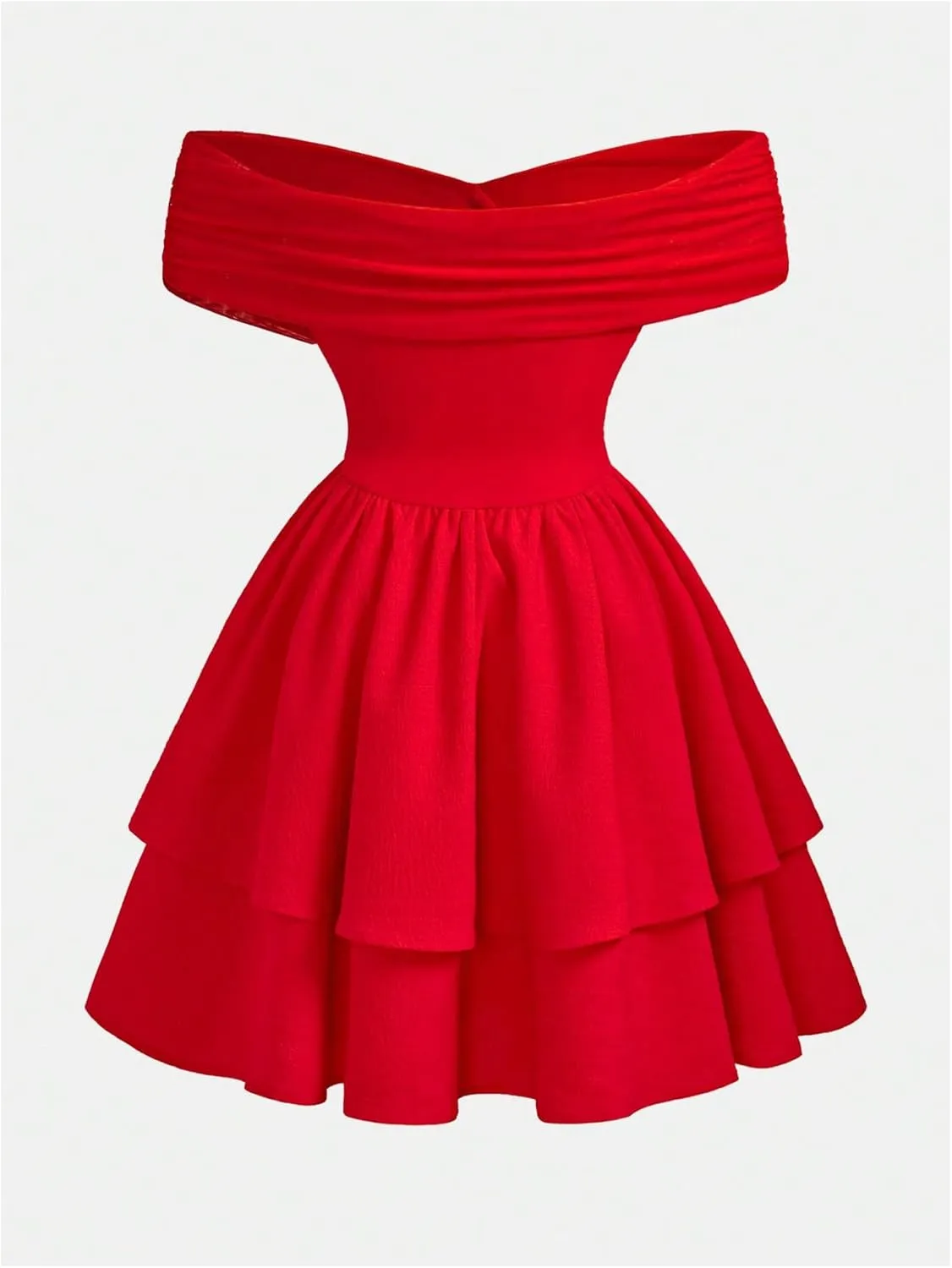 OYOANGLE Girl's Textured Off Shoulder Short Sleeve Dress Party Layered Ruffle Hem A Line Dresses