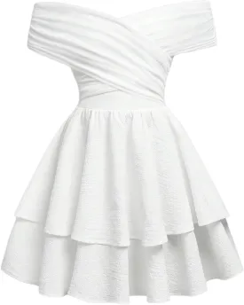 OYOANGLE Girl's Textured Off Shoulder Short Sleeve Dress Party Layered Ruffle Hem A Line Dresses