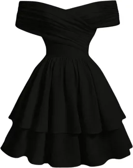 OYOANGLE Girl's Textured Off Shoulder Short Sleeve Dress Party Layered Ruffle Hem A Line Dresses