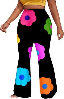 OYOANGLE Women's Plus Size Floral Print Elastic High Waist Flared Leg Pants Skinny Bell Bottom Trousers