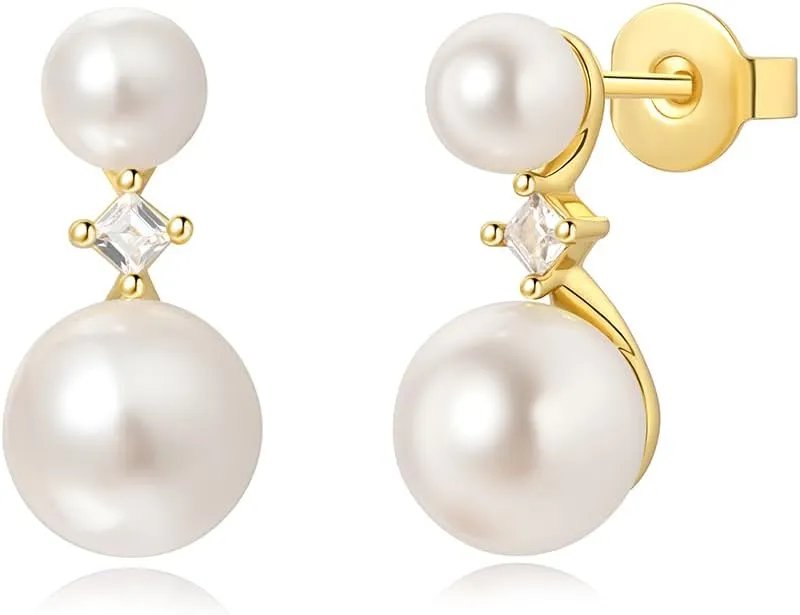 Pearl Stud Earrings for Women, 14K Gold Plated Hypoallergenic Dainty Princess Cut Cubic Zirconia Shell Pearl Earrings, Sterling Silver Ear Posts, Jewelry Gift for Her