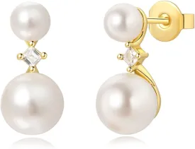 Pearl Stud Earrings for Women, 14K Gold Plated Hypoallergenic Dainty Princess Cut Cubic Zirconia Shell Pearl Earrings, Sterling Silver Ear Posts, Jewelry Gift for Her