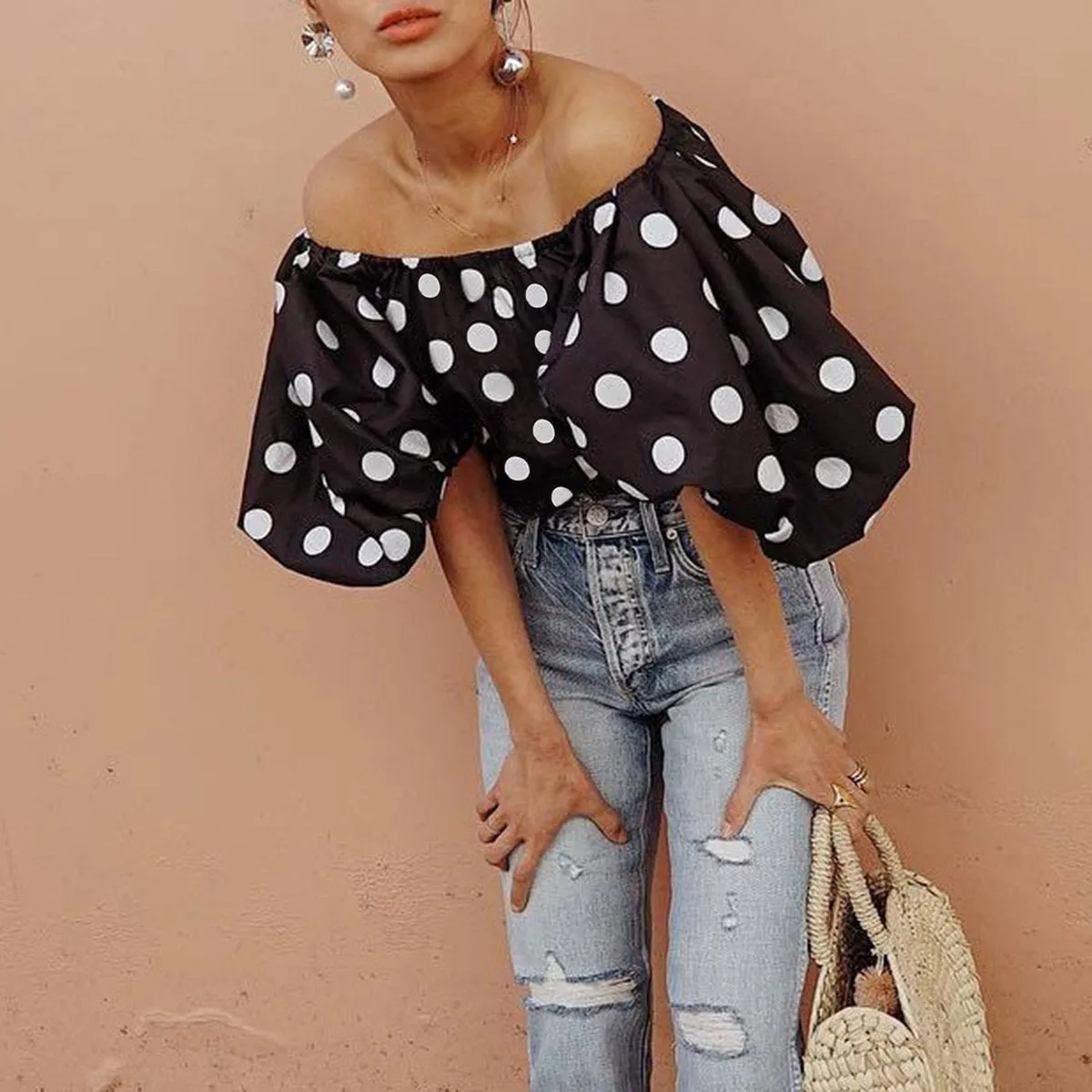 Polka Dot Off Shoulder T Shirt Blouse