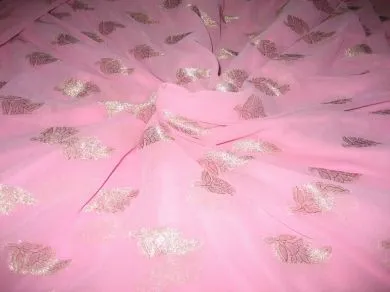Polyester georgette fabric with metalic silver & gold jacquard~Baby Pink colour[1088]