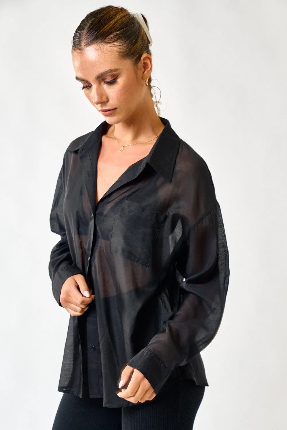 "Midnight Martini" Black Sheer Button Down Top