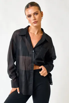 "Midnight Martini" Black Sheer Button Down Top