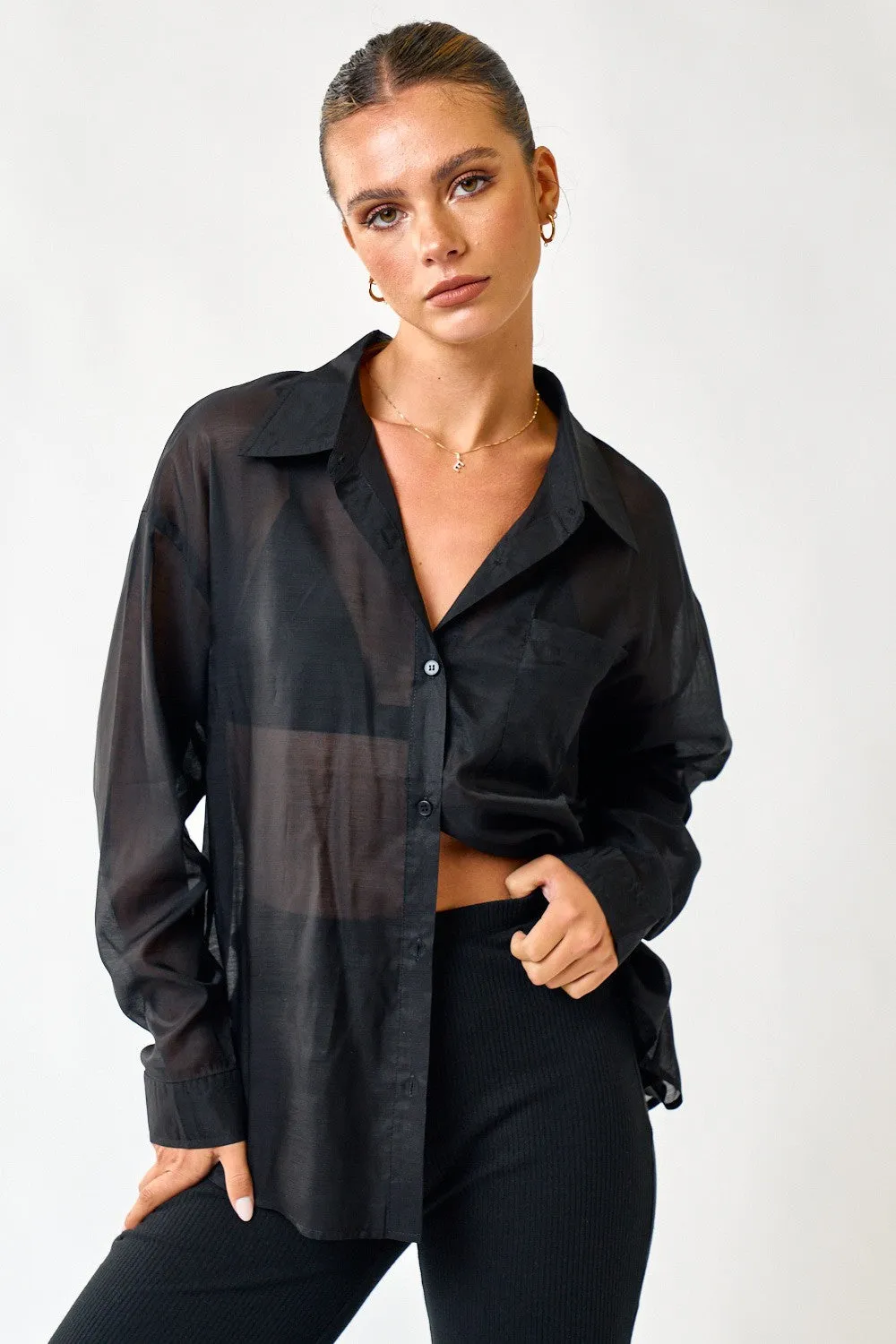 "Midnight Martini" Black Sheer Button Down Top