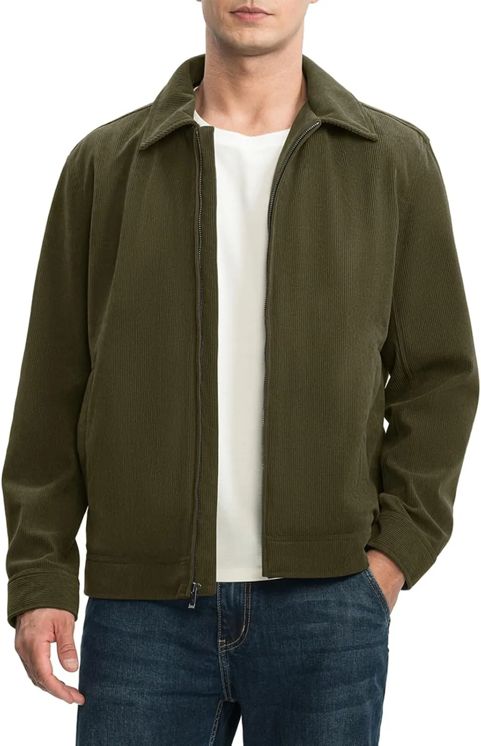 Rdruko Men's Corduroy Jacket Windbreaker Lightweight Casual Stylish Full Zip Bomber Jackets with Zipper Pockets