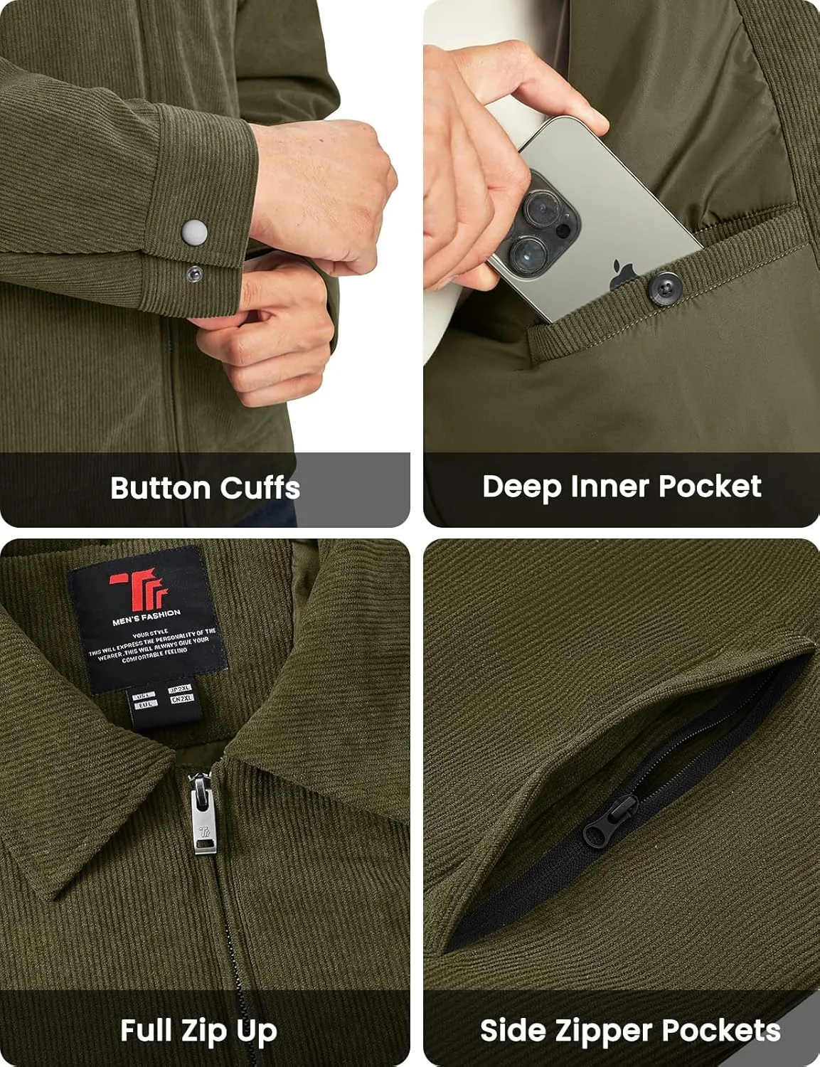 Rdruko Men's Corduroy Jacket Windbreaker Lightweight Casual Stylish Full Zip Bomber Jackets with Zipper Pockets
