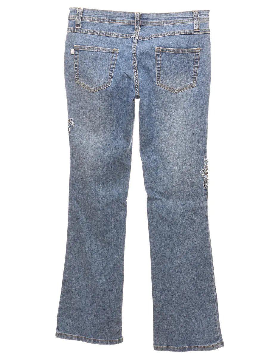 Sequined Floral Light Wash Flared Y2K Jeans - W31 L33