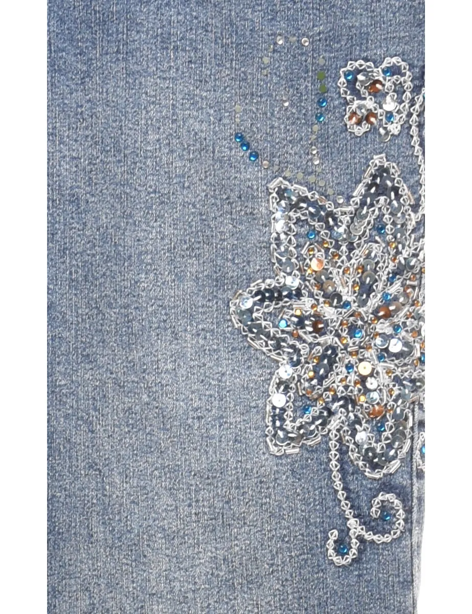 Sequined Floral Light Wash Flared Y2K Jeans - W31 L33